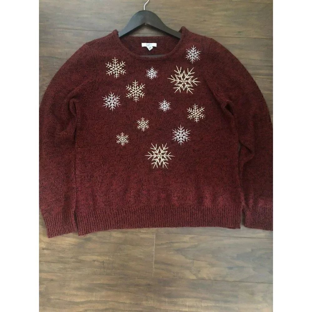 Croft & Barrow Sweater Red Snowflakes Embroidered Long Sleeve Size L
